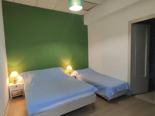 - 2 lits dans une chambre dotée d'un mur vert dans l'établissement Centré, 2 Pièces/5 Pers, Cauterets - Balcon, Près Thermes & Télécabine - FR-1-234-122, à Cauterets