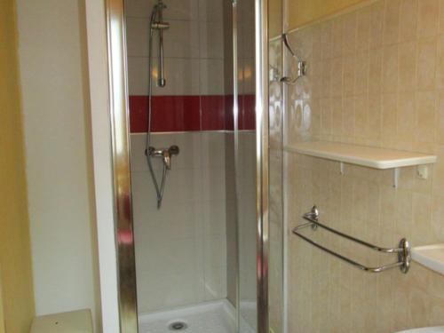 une douche avec une porte vitrée dans une salle de bain dans l'établissement Appartement T3 pour 5 personnes, centre-ville, à 300m des pistes et 50m des thermes, balcon, casier à skis - FR-1-234-137, à Cauterets