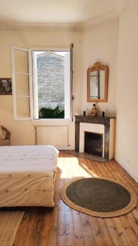 - une chambre avec un lit, une cheminée et un miroir dans l'établissement Appartement d'exception au cœur de Bordeaux, à Bordeaux