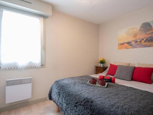 une chambre avec un lit avec des oreillers rouges et une fenêtre dans l'établissement Charmant T2 avec Balcon et Parking Privé - Proche Centre et Téléphérique - FR-1-296-138, à Saint-Lary-Soulan
