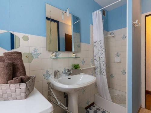 une salle de bain avec un lavabo, des toilettes et une douche dans l'établissement Appartement confort près centre et téléphérique, balcon, parking, idéal famille - FR-1-296-127, à Saint-Lary-Soulan