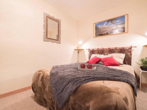 a bedroom with a large bed with red pillows at Appartement 4 personnes proche téléphérique, Saint Lary Village - FR-1-296-174 in Saint-Lary-Soulan