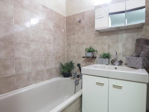 une salle de bain avec une baignoire et un lavabo et une baignoire tubermottermott dans l'établissement Studio avec parking privé, proche centre, commerces et téléphérique - 4 pers. - FR-1-296-179, à Saint-Lary-Soulan