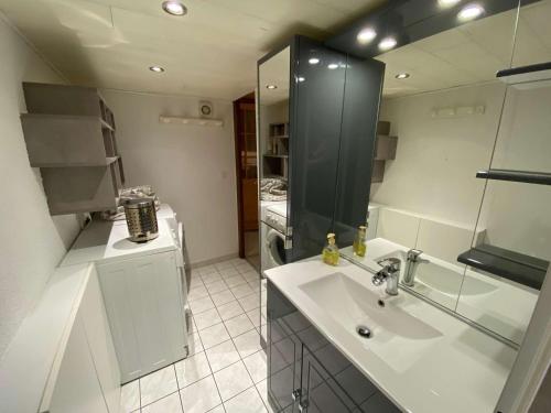 une salle de bain avec un lavabo et un grand miroir dans l'établissement Appartement cosy 6 personnes avec grande terrasse et parking, près des activités - FR-1-241-181, au Grand-Bornand