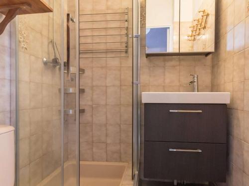 y baño con lavabo y ducha acristalada. en Appartement Briançon, 1 pièce, 3 personnes - FR-1-330C-21 en Briançon