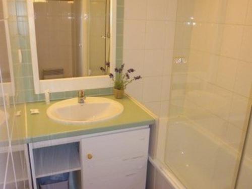 une salle de bain avec un lavabo, un miroir et une baignoire dans l'établissement Appartement 6 pers, pied des pistes, balcon, parking couvert, animaux OK, Grand Tourmalet - FR-1-404-56, à La Mongie