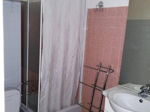 une salle de bain avec une douche, des toilettes et un lavabo dans l'établissement Studio Alcôve 3 pers avec balcon et parking privé à 300m des plages d'Argelès - FR-1-388-60, à Argelès-sur-Mer