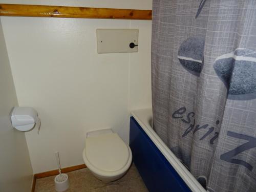 une salle de bain avec toilettes et rideau de douche dans l'établissement Studio 4 pers, proche pistes et commerces, cœur village Charvet, Arcs 1800 - FR-1-411-321, à Arc 1800