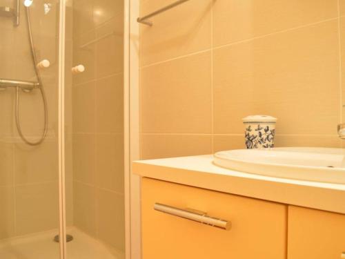 La salle de bains est pourvue d'un lavabo et d'une douche. dans l'établissement Appartement Banyuls-sur-Mer, 1 pièce, 4 personnes - FR-1-225C-533, à Banyuls-sur-Mer