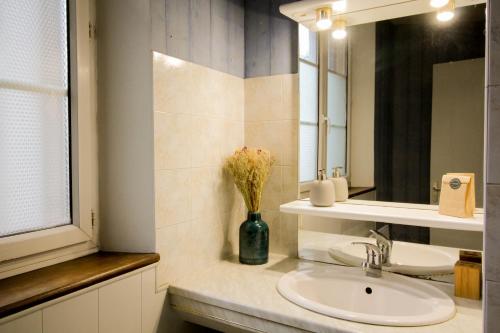 La salle de bains est pourvue d'un lavabo et d'un vase fleuri. dans l'établissement Le patio de Théo - proche gare - centre-ville, à Angoulême