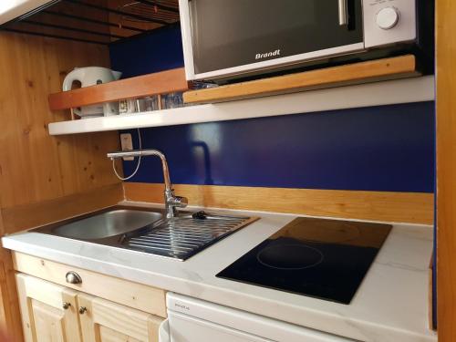 une cuisine avec un évier et un micro-ondes dans l'établissement Grand studio rénové pour 3 pers. à Arc 1600, ski aux pieds, proche commerces, animaux admis - FR-1-411-413, à Arc 1600