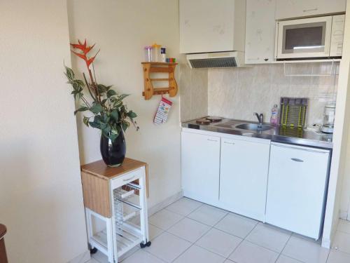 une cuisine avec des placards blancs et un vase avec une plante dans l'établissement Studio Cabine Climatisé avec Piscine, Terrasse et Parking Privé – Proche Commodités - FR-1-387-137, à Marseillan