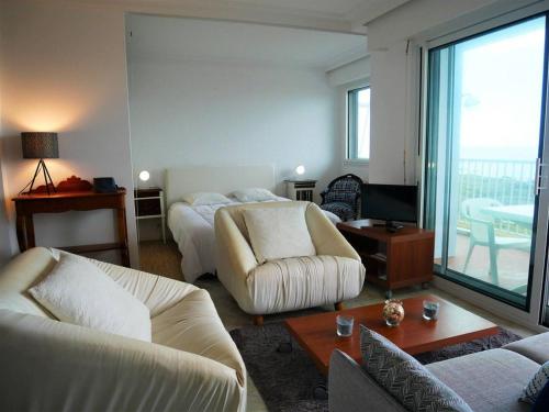 een woonkamer met 2 bedden, een bank en een televisie bij Studio Quiberon, 1 pièce, 3 personnes - FR-1-478-42 in Quiberon