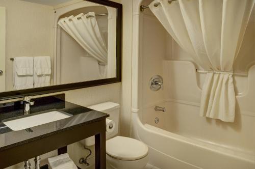 La salle de bains est pourvue de toilettes, d'un lavabo et d'une douche. dans l'établissement Travelodge by Wyndham Ottawa East, à Ottawa