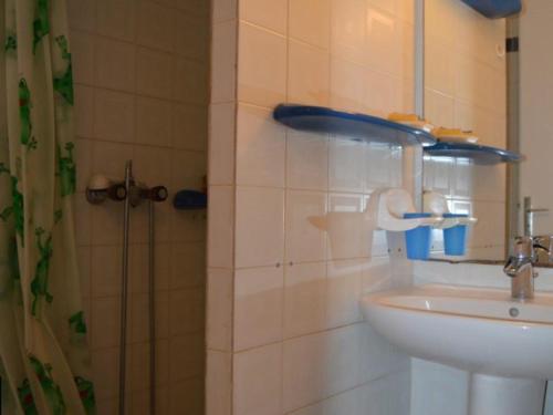 une salle de bain avec un lavabo et une douche dans l'établissement Appartement 2 pièces avec mezzanine, piscine et parking à Saint Cyprien - FR-1-225D-65, à Saint Cyprien Plage