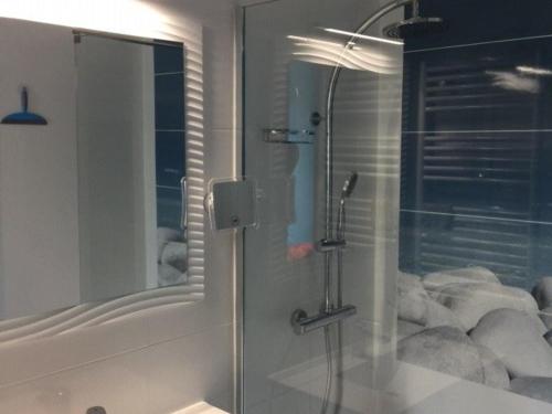 une salle de bain avec une douche avec une porte vitrée dans l'établissement Appartement lumineux avec balcon, parking et animaux acceptés - FR-1-494-66, à Royan