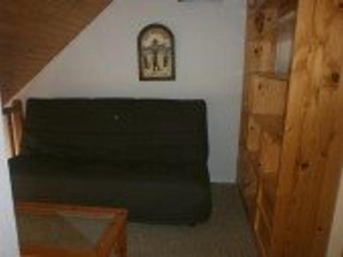 - un canapé noir dans une chambre avec une photo sur le mur dans l'établissement Duplex T2 cosy 6 pers, parking, centre St-Lary-Soulan - FR-1-457-147, à Saint-Lary-Soulan