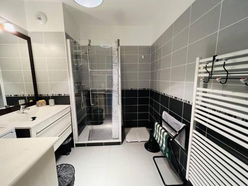 a bathroom with a shower and a sink at Charmant T2, centre Cambo, calme, Tt confort, terrasse, parking, proche commerces - FR-1-495-5 in Cambo-les-Bains