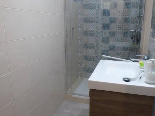 une salle de bain avec une douche et un lavabo et une douche dans l'établissement Grand T2 avec Piscine, Terrasse et Accès Direct à la Plage, 4 Personnes - Port Barcarès - FR-1-81-505, au Barcarès