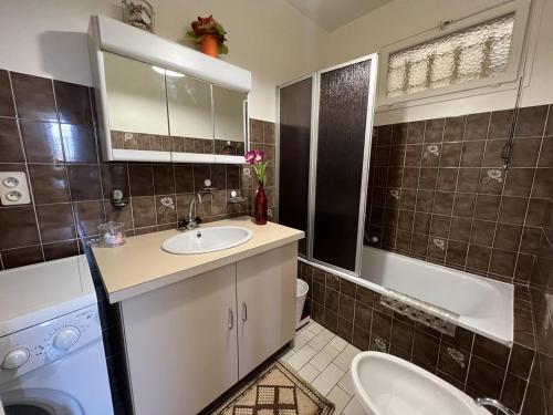 a bathroom with a sink and a toilet and a mirror at Appartement Cambo-les-Bains, 2 pièces, 3 personnes - FR-1-495-79 in Cambo-les-Bains