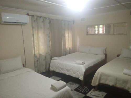 Habitación pequeña con 2 camas y ventana en Blue Waxbill Lodge, en Namzunga