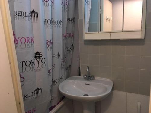 łazienka z umywalką i zasłoną prysznicową w obiekcie Studio La Mongie, 1 pièce, 4 personnes - FR-1-404-212 w mieście Lagraulet-du-Gers