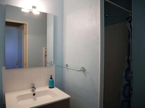 a bathroom with a sink and a shower with a mirror at Appartement Erdeven, 2 pièces, 4 personnes - FR-1-479-106 in Erdeven