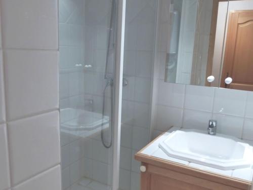 une salle de bain avec une douche, un lavabo et un miroir dans l'établissement Charmant T2 cabine pour 4 près du centre et commerces à Méribel, parking inclus - FR-1-411-677, à Les Allues