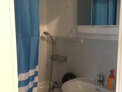 une salle de bain avec un lavabo et un rideau de douche dans l'établissement Studio 4 pers. au pied des pistes avec balcon, ascenseur, parking gratuit, casier à skis et équipement complet - FR-1-602-3, à Arette