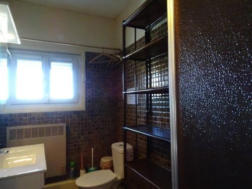 La salle de bains est pourvue de toilettes, d'un lavabo et d'une fenêtre. dans l'établissement Appartement Arette, 3 pièces, 6 personnes - FR-1-602-26, à Arette
