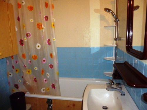 La salle de bains est pourvue d'un rideau de douche et de fleurs. dans l'établissement Studio 6 personnes, balcon, proche pistes et commerces - FR-1-602-34, à Arette