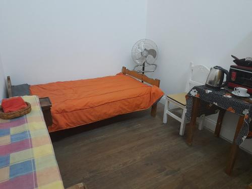 1 dormitorio con 1 cama de color naranja, escritorio y ventilador en Corazón de Recoleta en Buenos Aires