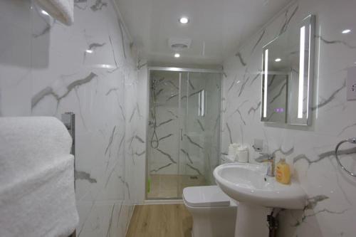 y baño blanco con lavabo y ducha. en Oasis, Central Self Contained Flat by CozyNest, en Reading
