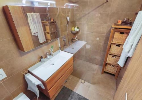 uma casa de banho com um lavatório e um espelho em Bel appartement avec parking souterrain sur place em Martigny-Ville