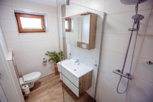 uma casa de banho com um lavatório, um chuveiro e um WC. em Apartment Almglück em Ehrwald
