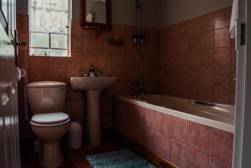 a bathroom with a toilet and a tub and a sink at Farm stay at Fennel Cottage on Haldon Estate in Bloemfontein