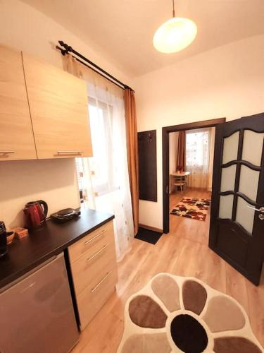 una stanza con una cucina con un bancone e un pavimento di Smile Studio a Braşov