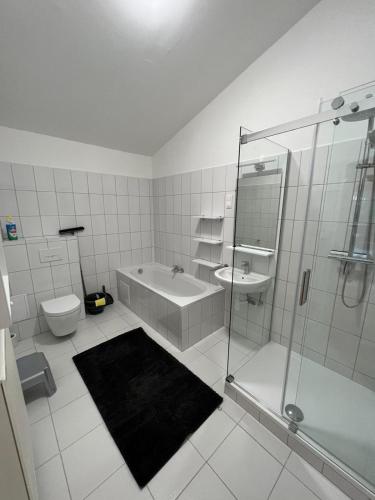 a bathroom with a shower and a tub and a sink at Pannonia Appartements in Bad Tatzmannsdorf