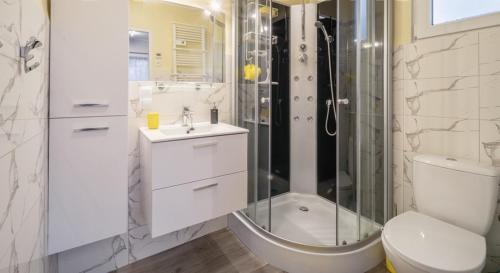 a bathroom with a shower and a toilet and a sink at Domki w Górach Stołowych in Kudowa-Zdrój