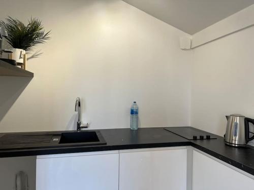 a kitchen counter with a sink and a bottle of water at Appartement chaleureux proche RER/ CDG / Parc Expo in Sevran