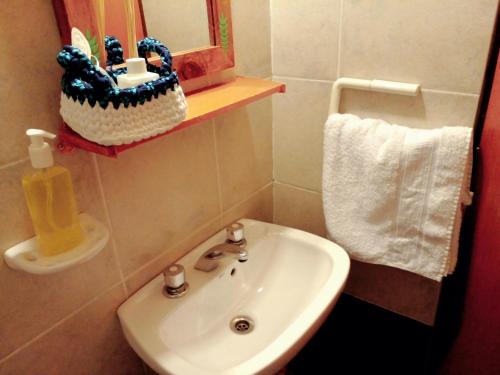 a bathroom with a sink and a mirror and a towel at Buenos Aires Tango Apartment near Golf in San Antonio de Padua