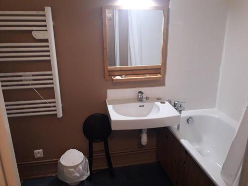 une salle de bain avec un lavabo et un miroir dans l'établissement Studio 6 pers, proche pistes, parking, ascenseur, casier à skis, kitchenette équipée - FR-1-602-36, à Arette