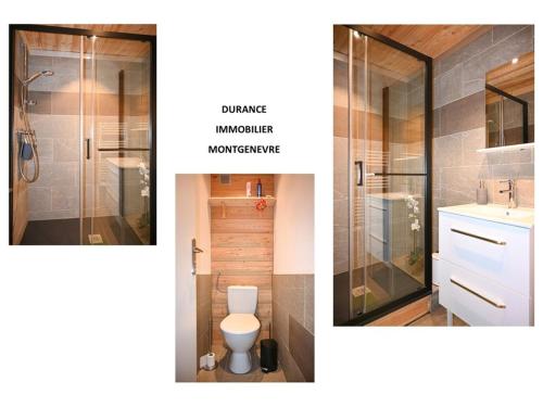deux photos d'une salle de bain avec toilettes et douche dans l'établissement Charmant appartement au calme avec wifi et cuisine équipée - FR-1-266-164, à Montgenèvre
