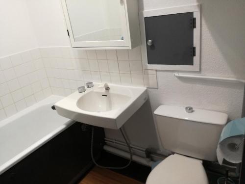 une salle de bain avec des toilettes blanches et un lavabo dans l'établissement Studio cabine 4 pers, centre station, cuisine équipée et bain - FR-1-557-75, à Les Adrets