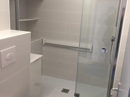 y baño con ducha y puerta de cristal. en Studio Arette, 1 pièce, 5 personnes - FR-1-602-43, en Arette