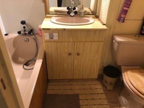 une petite salle de bain avec un lavabo et des toilettes dans l'établissement Studio cabine avec accès direct aux pistes, balcon, et piscine - 4 couchages, Risoul 1850 - FR-1-330-518, à Risoul