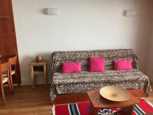 - un salon avec un canapé et 2 oreillers roses dans l'établissement Charmant T2 4 pers avec terrasse, piscine couverte, salle de fitness et parking couvert - FR-1-404-249, à La Mongie