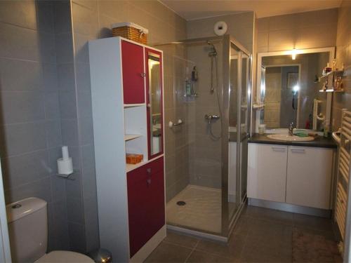 une salle de bain avec une douche, des toilettes et un lavabo dans l'établissement Charmant T2 à Luchon - 46m², Balcon Sud-Est, proche thermes, idéal 4 pers, tout confort. - FR-1-313-174, à Luchon