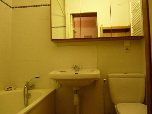 une salle de bain avec un lavabo, des toilettes et un miroir dans l'établissement Studio confortable 4 pers avec accès direct aux pistes - FR-1-602-69, à Arette