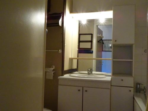 une salle de bain avec un lavabo et un miroir dans l'établissement Studio cosy 4 personnes au pied des pistes avec parking et casier à skis - FR-1-602-49, à Arette